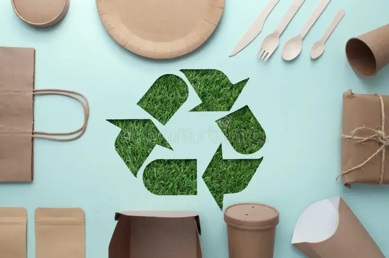 Eco-friendly packaging recycling logo Eco-sustainable low-carbon packaging centered on grass recycling symbol cutout