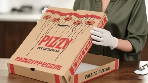 A person unpacking a large pizza box