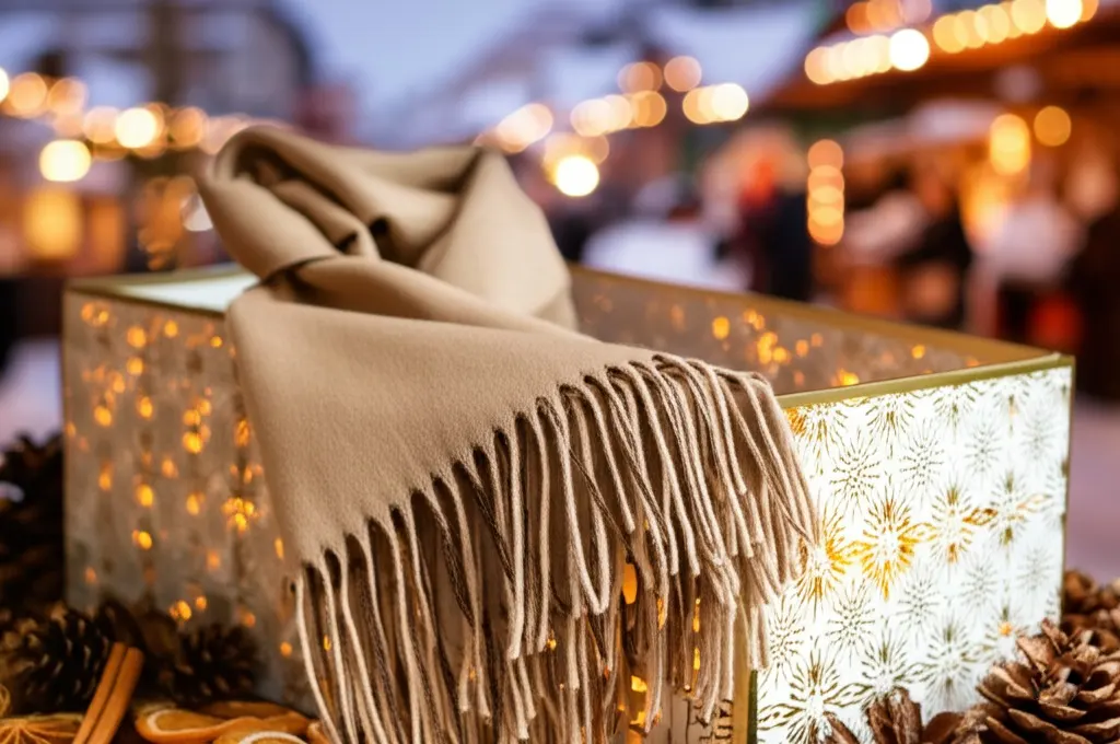 A light camel cashmere scarf in a gift box with gold stamping patterns