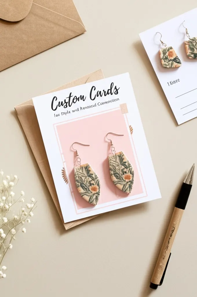 Overhead flat lay of a custom-printed card with a handwritten thank-you note and brand story, placed next to handmade earrings on a neutral background, highlighting personal connection and style.