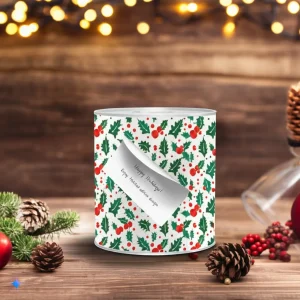 A reusable jar with a Christmas-themed design, paired with a personalised note and festive decorations, represents seasonal packaging that resonates with customers.