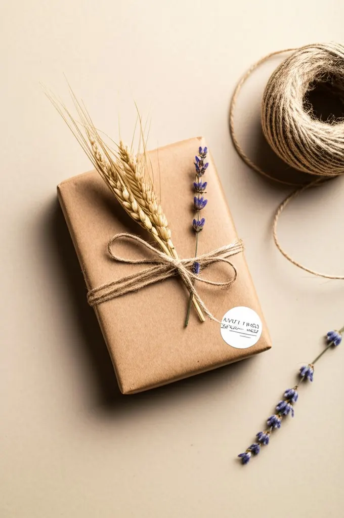 Flat lay of a product wrapped in kraft paper with natural twine tied around it, accented with dried botanicals like lavender and baby’s breath, and a stamped logo visible on the packaging, creating a rustic, eco-friendly vibe.