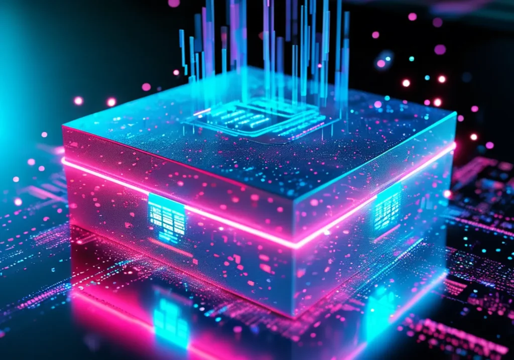 Neon gradient limited edition packaging box in virtual 3D space