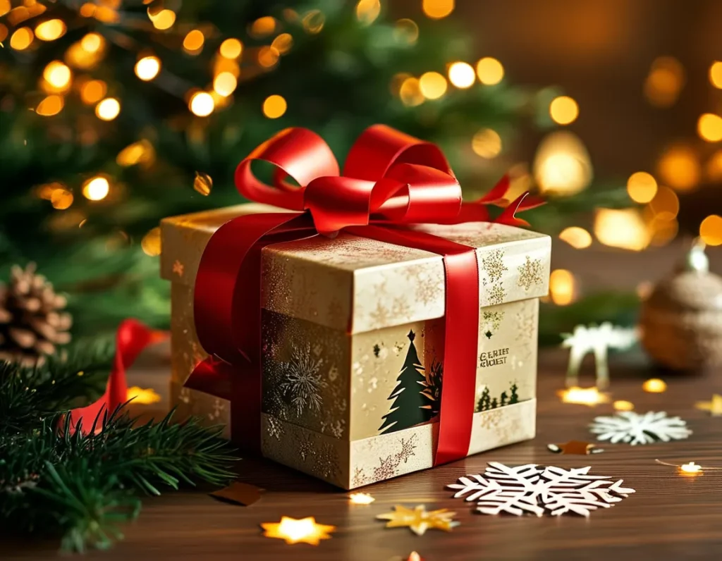 Red ribbon and gold foil gift box