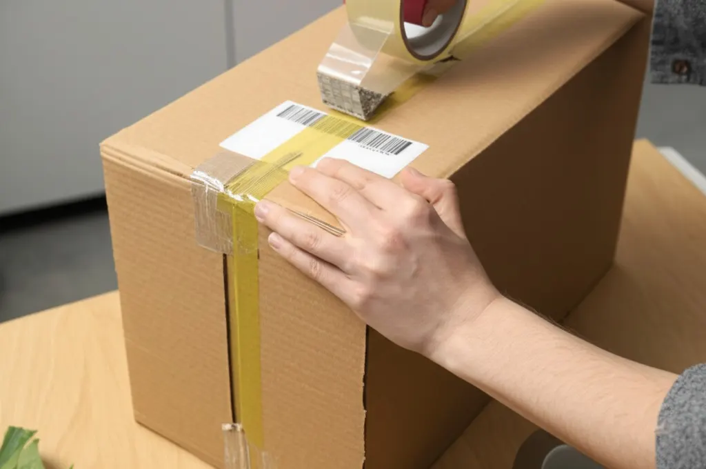 Shipping box sealed with packing tape