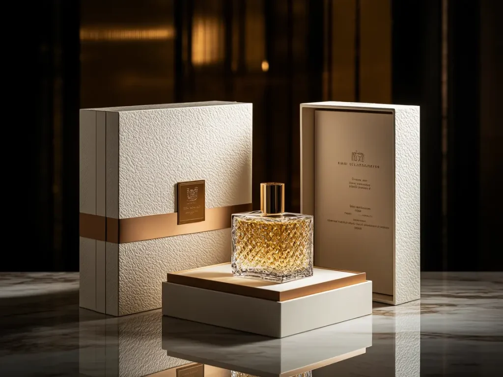 The luxurious gift box packaging reveals delicate embossed gold patterns when opened