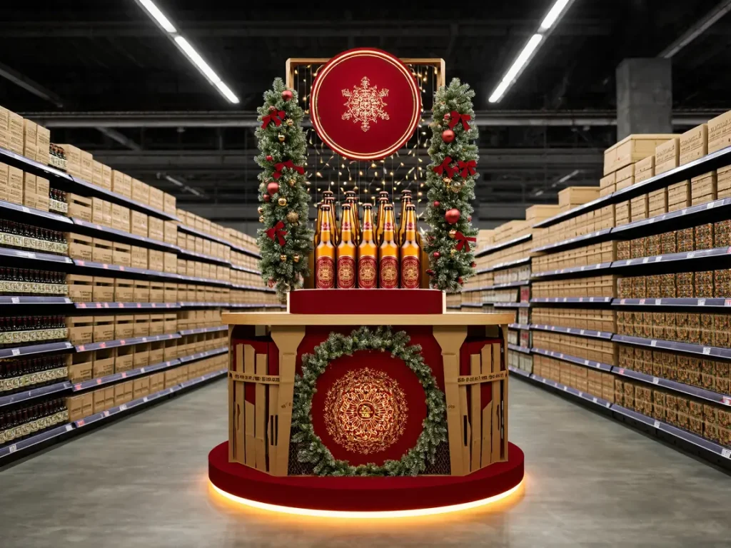 Wooden pallets provide stable support for multiple layers of beer crates in retail stores