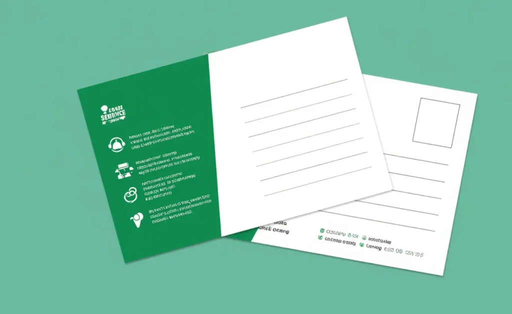 Green and white corporate services postcard