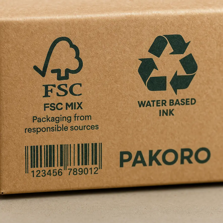 Sustainability marks on real packaging.