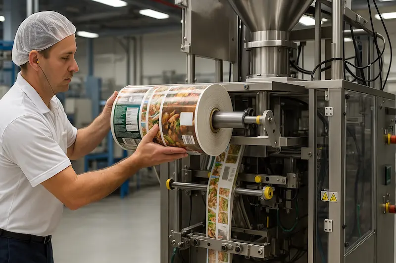 The operator is installing the printing roll on the unwinding spindle