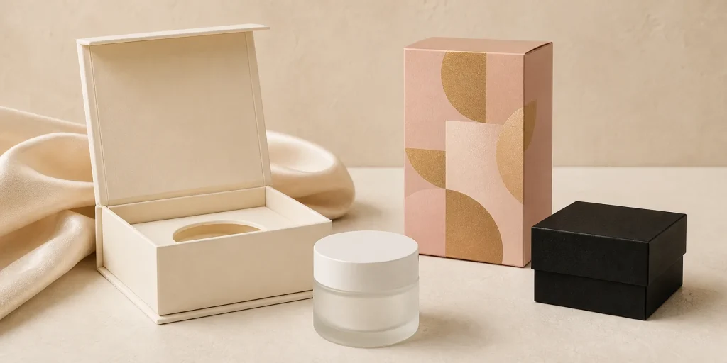Luxury cosmetic rigid box, folding carton, and blank cosmetic jar for beauty packaging supplier sourcing