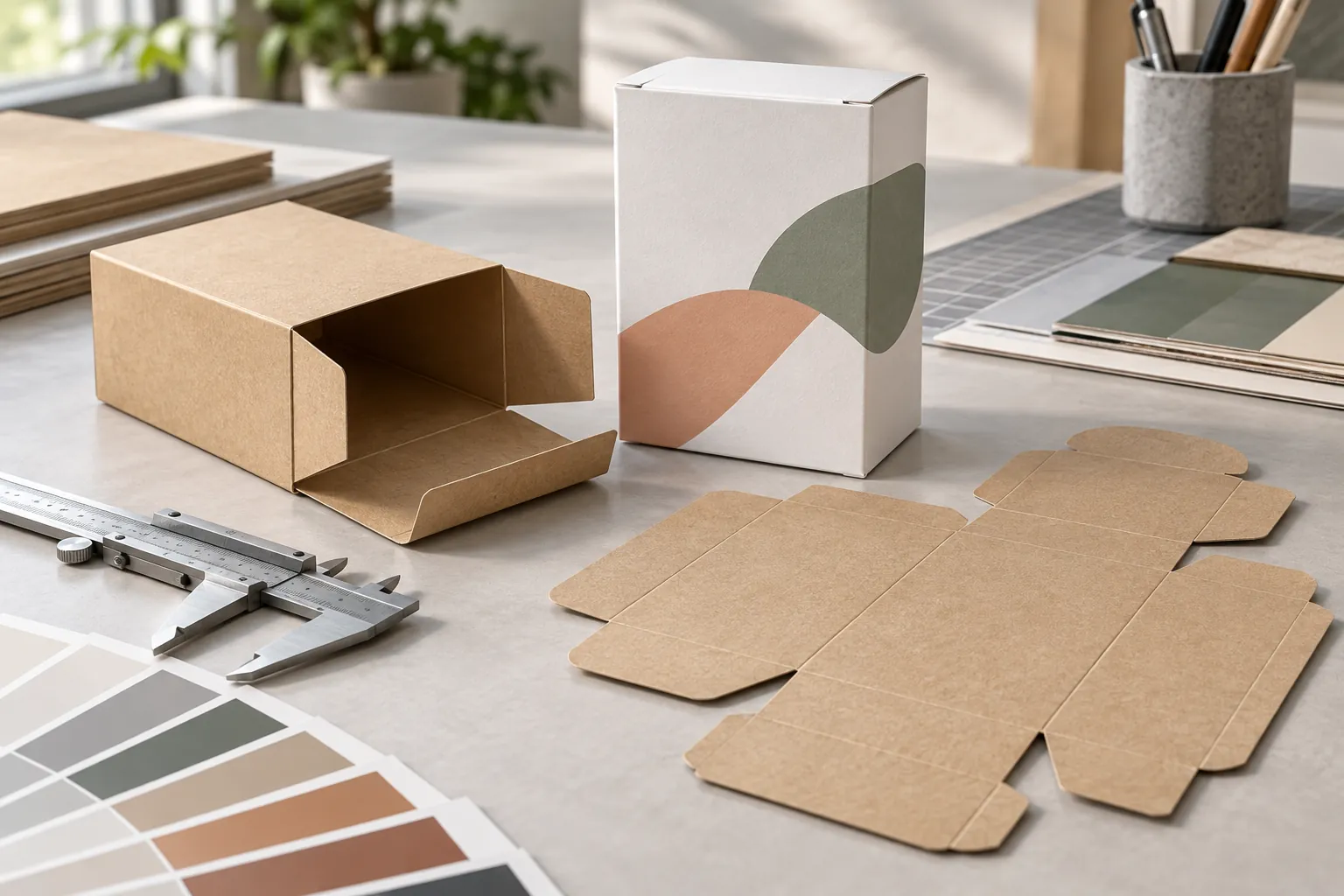 Kraft and white folding carton samples with flat die-cut blank, caliper and colour proof swatches
