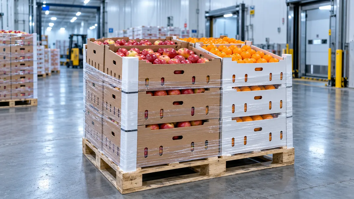 Ventilated fruit export boxes in a cold-chain warehouse