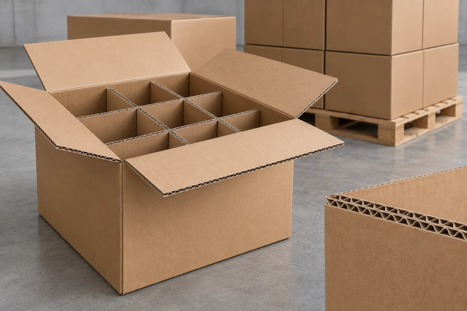 Open corrugated shipping carton with cardboard partitions and palletized boxes in the background