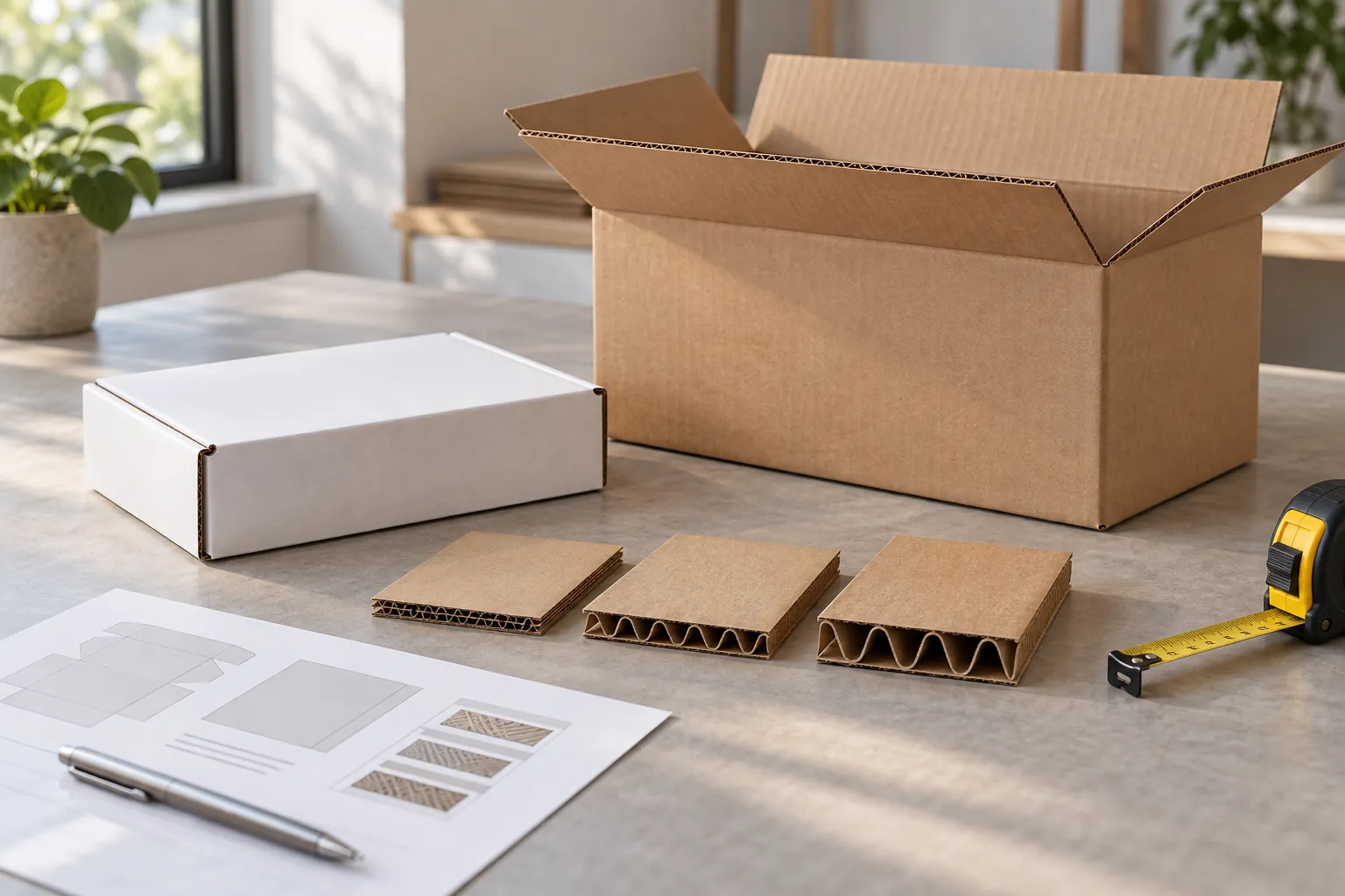 Unbranded corrugated shipping carton, white mailer and three board flute samples beside a measuring tape