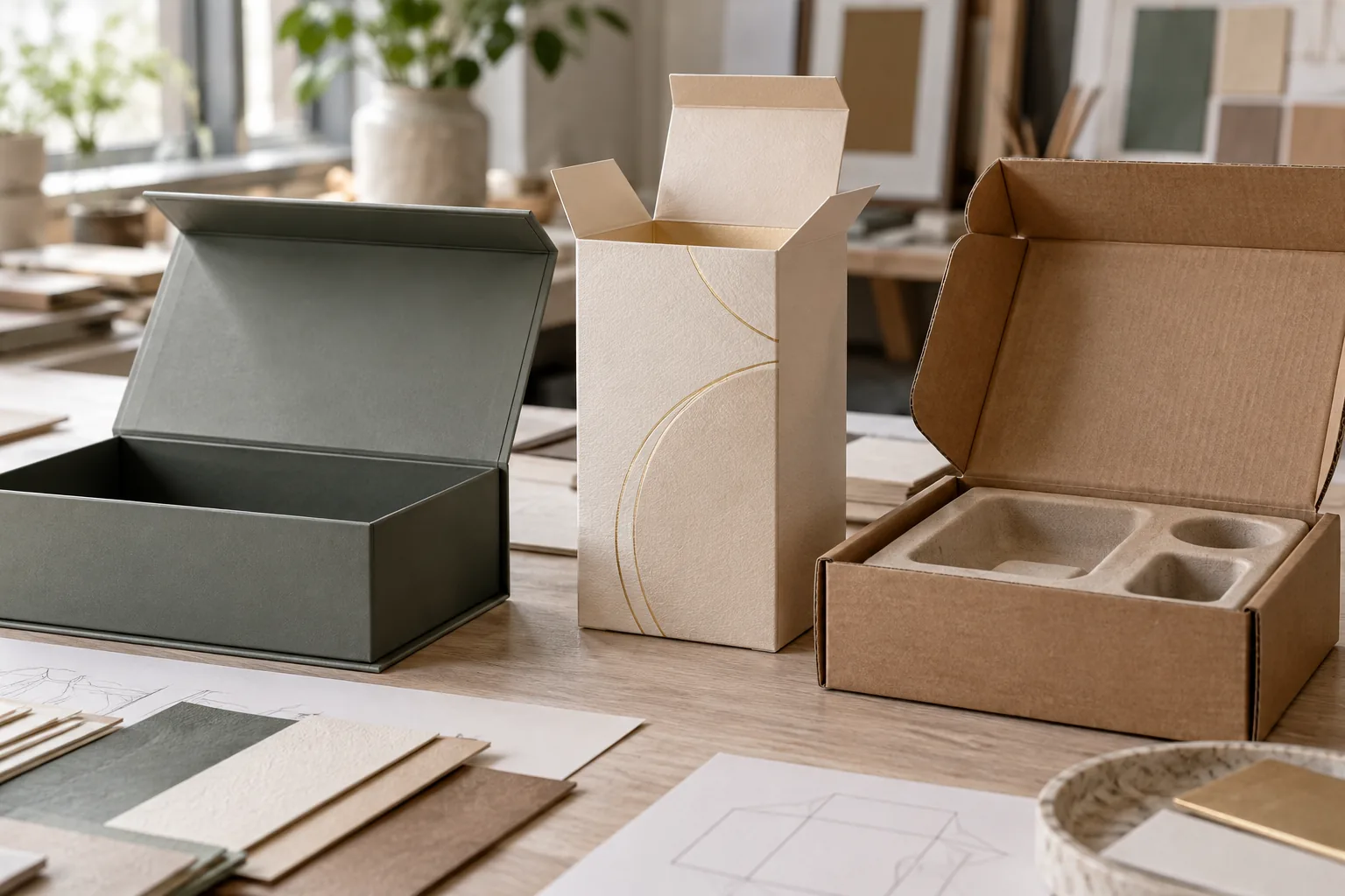 Illustration comparing a luxury rigid box, folding carton and corrugated mailer