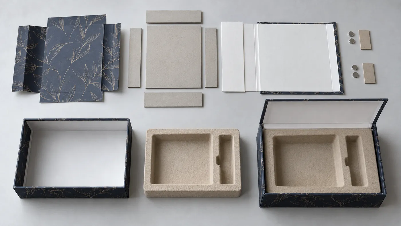 Magnetic rigid box greyboard wrap magnet hinge and molded pulp insert components