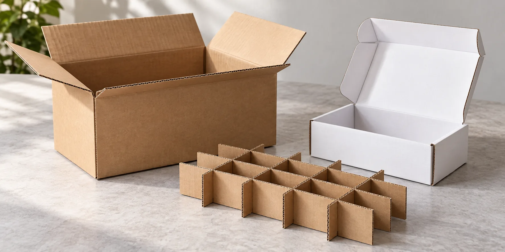 Open kraft corrugated shipping carton, white mailer box and corrugated cardboard divider on a table
