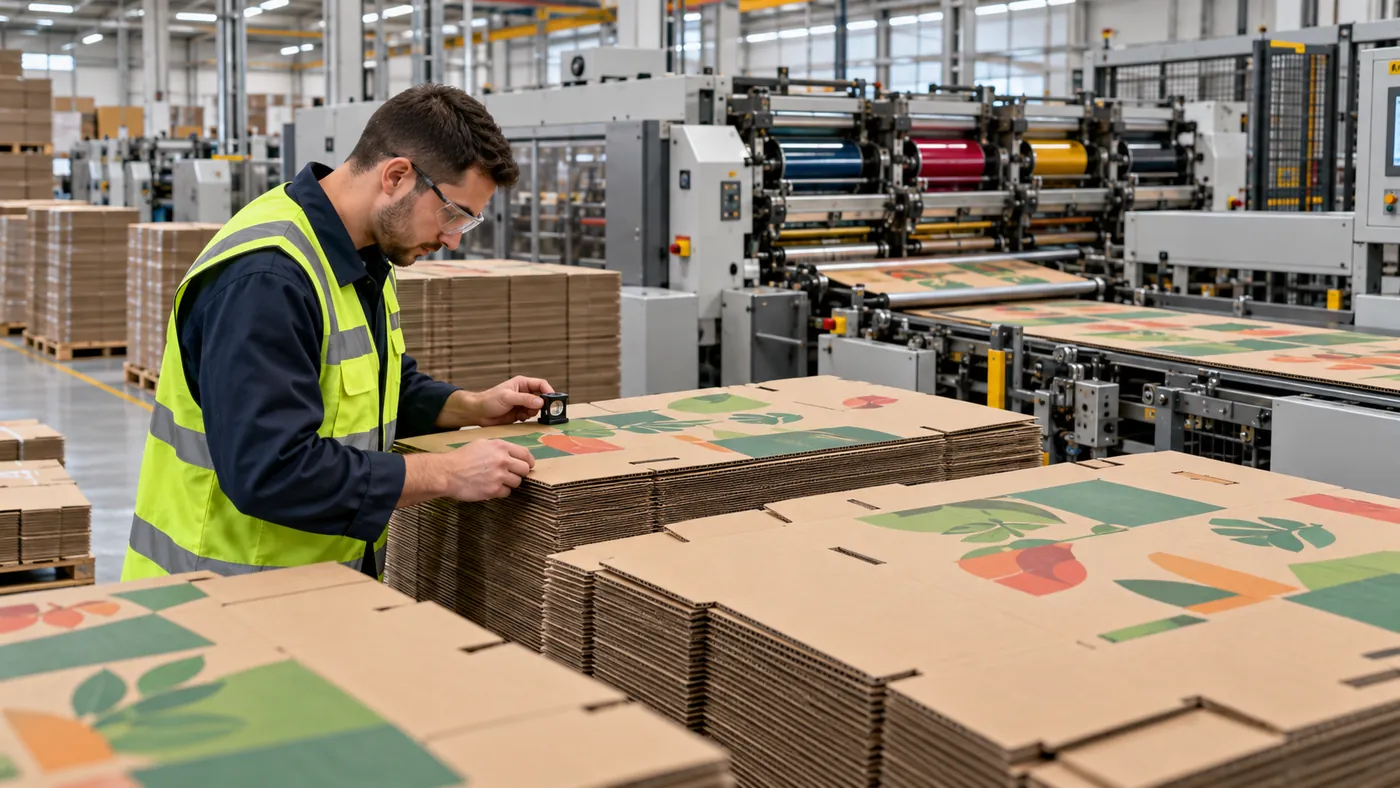 Printed cardboard box quality inspection on a packaging production line