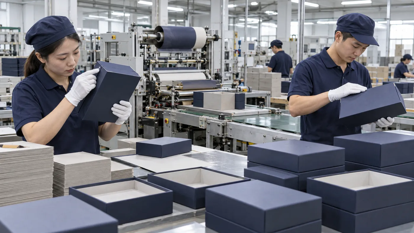 Rigid paper box production and quality control in a China packaging factory