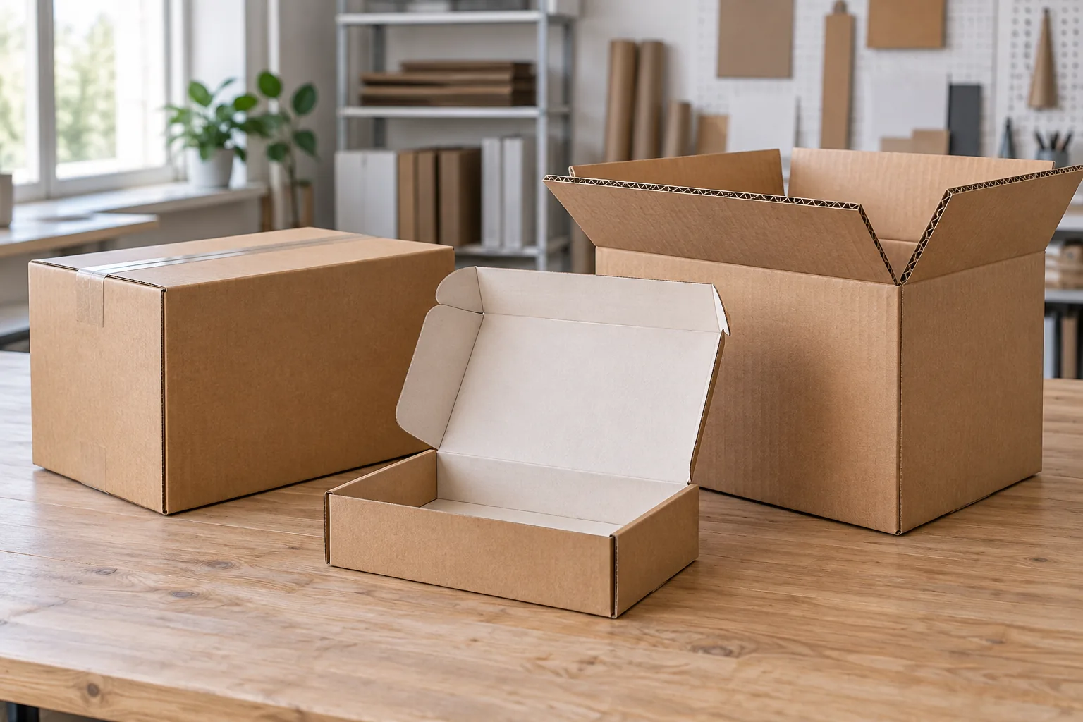 Unbranded corrugated shipping carton, open mailer box and large carton on a worktable