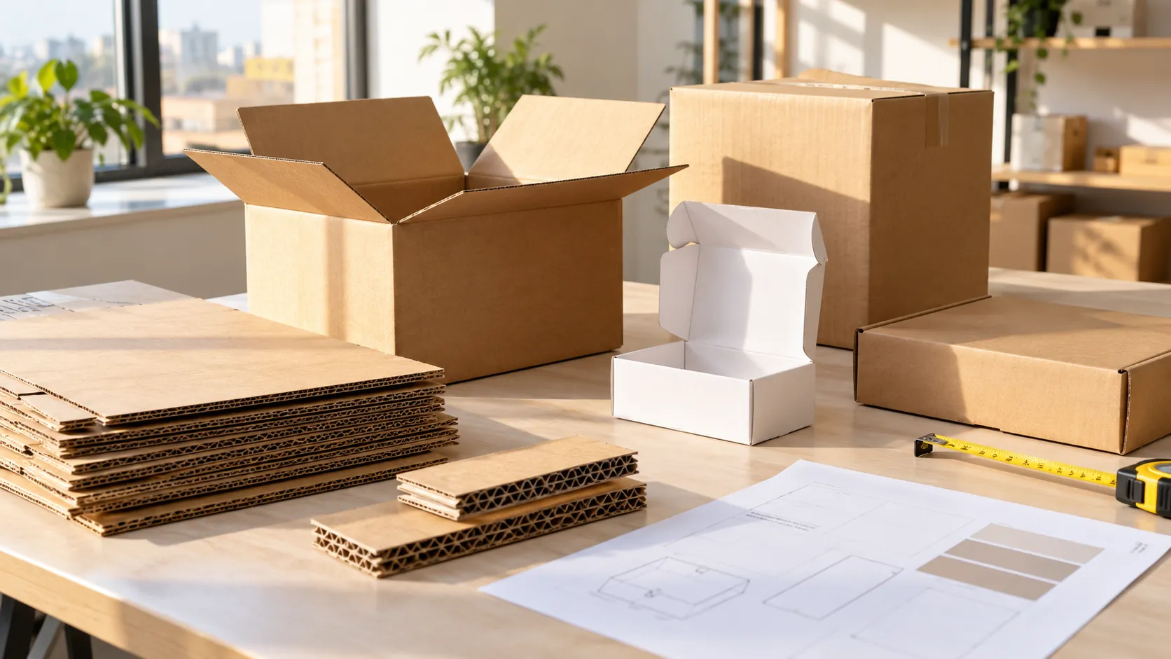 Unbranded corrugated shipping cartons, mailer, folding carton and board samples on a worktable
