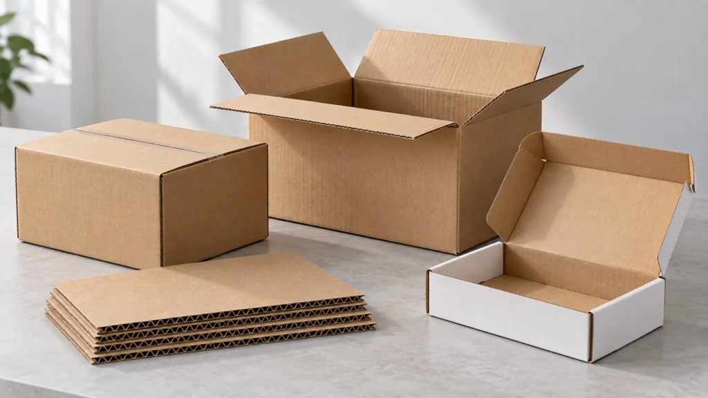 Unbranded corrugated shipping cartons, open box, mailer and stacked board sheets