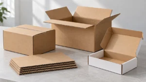 Unbranded corrugated shipping cartons, open box, mailer and stacked board sheets