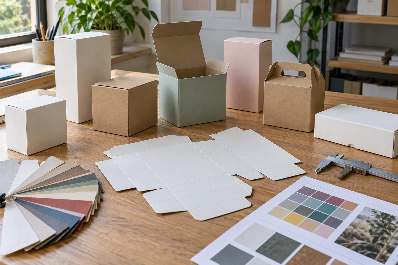 Unbranded printed folding carton samples, die-cut blank, paperboard swatches and colour proof on a worktable