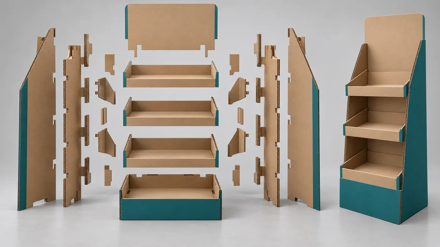 Corrugated floor display header shelves base and locking tab components