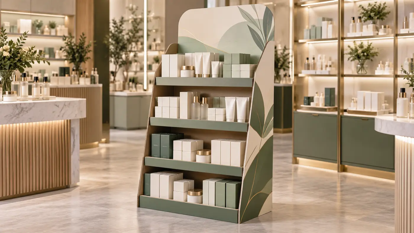Custom corrugated floor display for cosmetic products