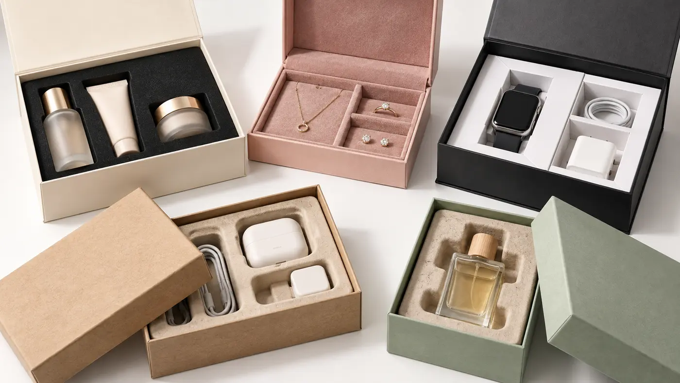 Gift boxes with EVA velvet paperboard and molded pulp inserts