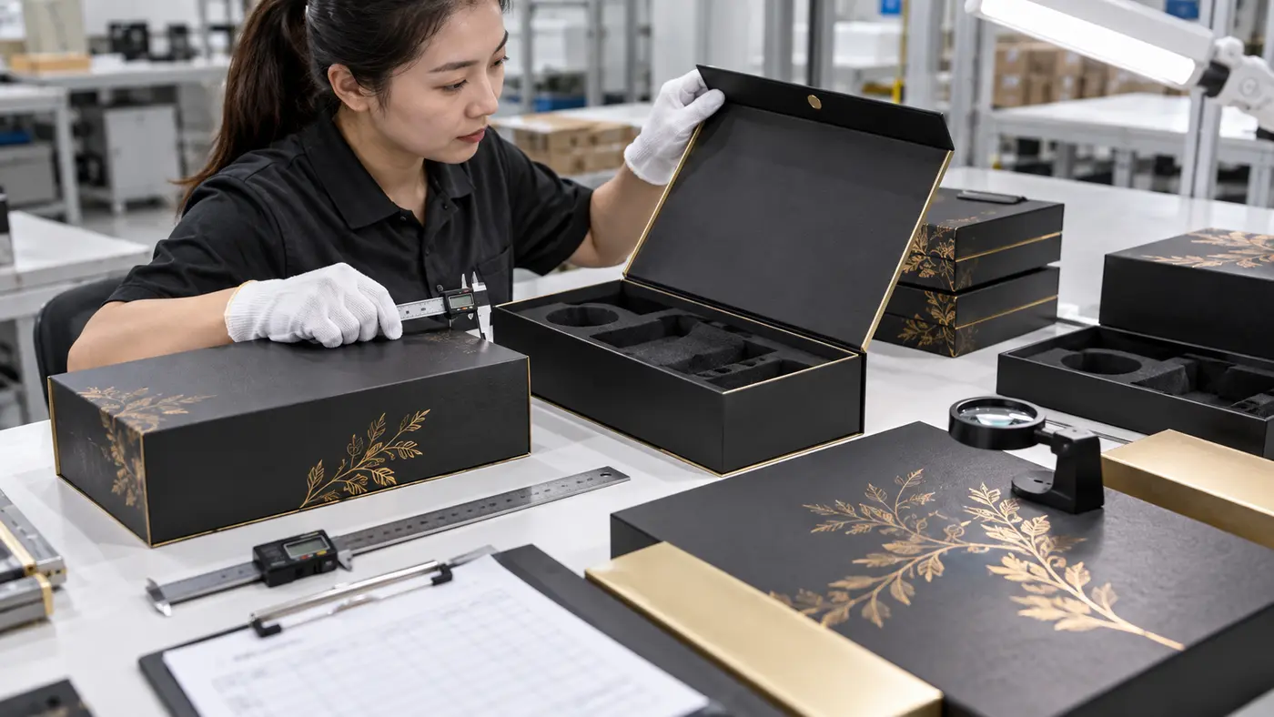 Gift box quality control for dimensions finish closure and insert fit