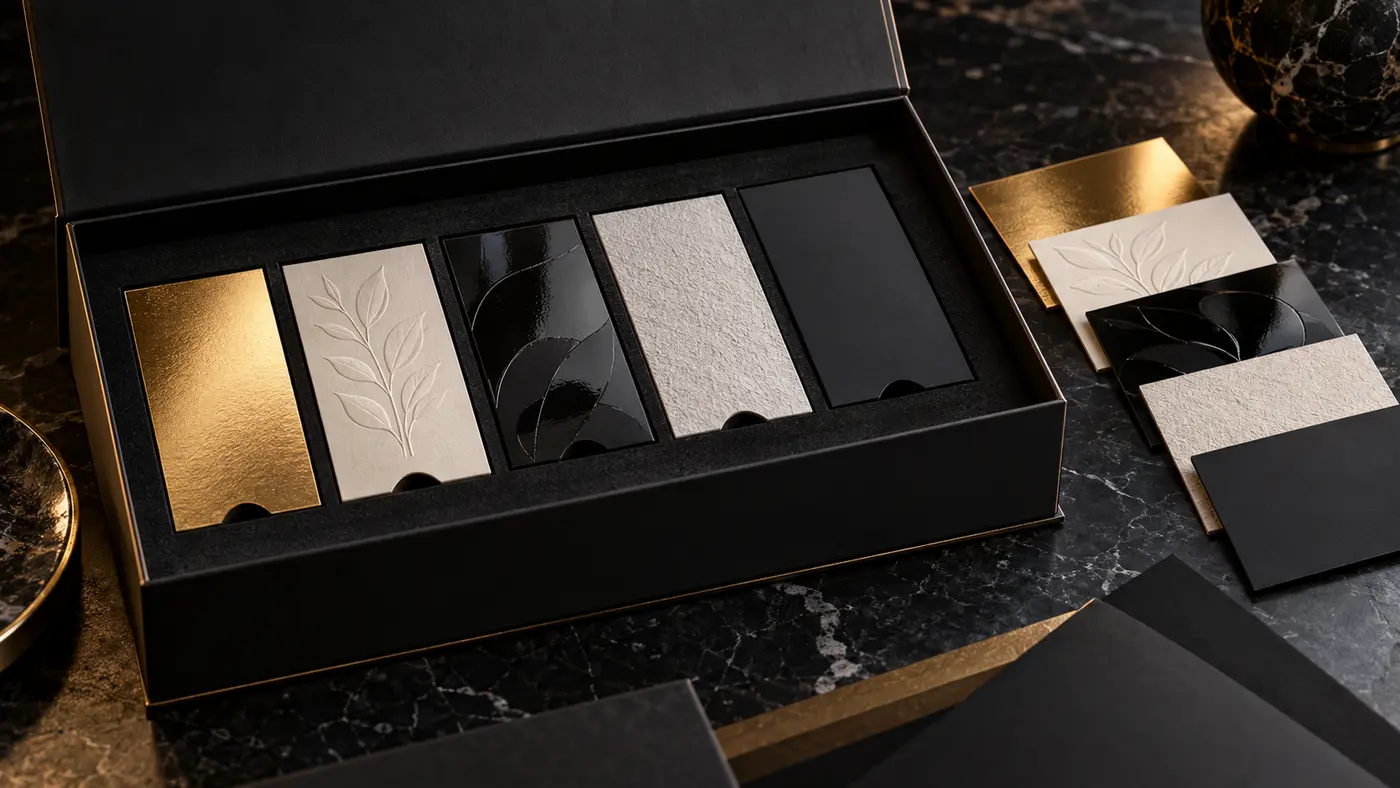 Luxury gift box foil embossing spot gloss and textured paper finishes